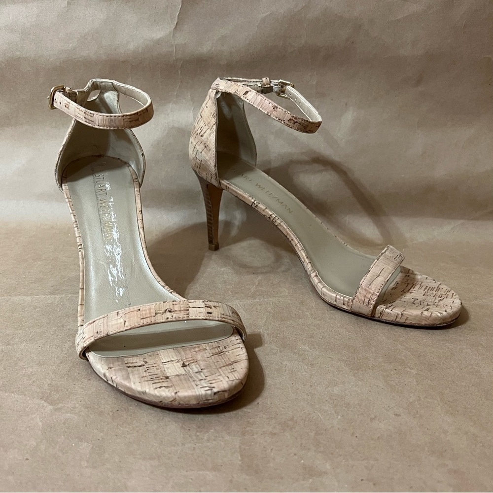 Stuart Weitzman | Nunaked Cork Mid-Heel Strap Sandals Nudist Heels Size 9.5